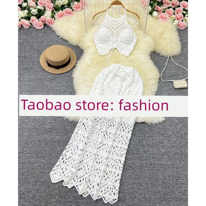 Богемный Праздничный Стиль Подвесная Майка на Шее Сексуальная Универсальная Ретро Крючком Ажурная Юбка Комплект из Двух Предметов Тренд White All yards