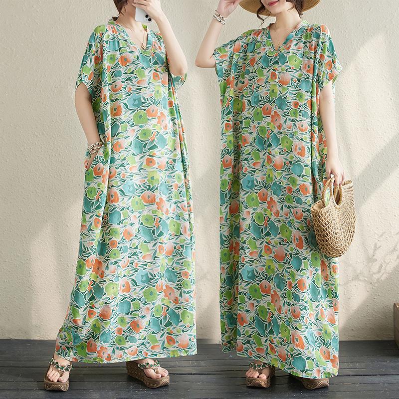 DIMANAF 2024 платье больших размеров женское летнее платье с v-образным вырезом богемный свободный макси-платье большого размера с цветочным принтом 728 One Size