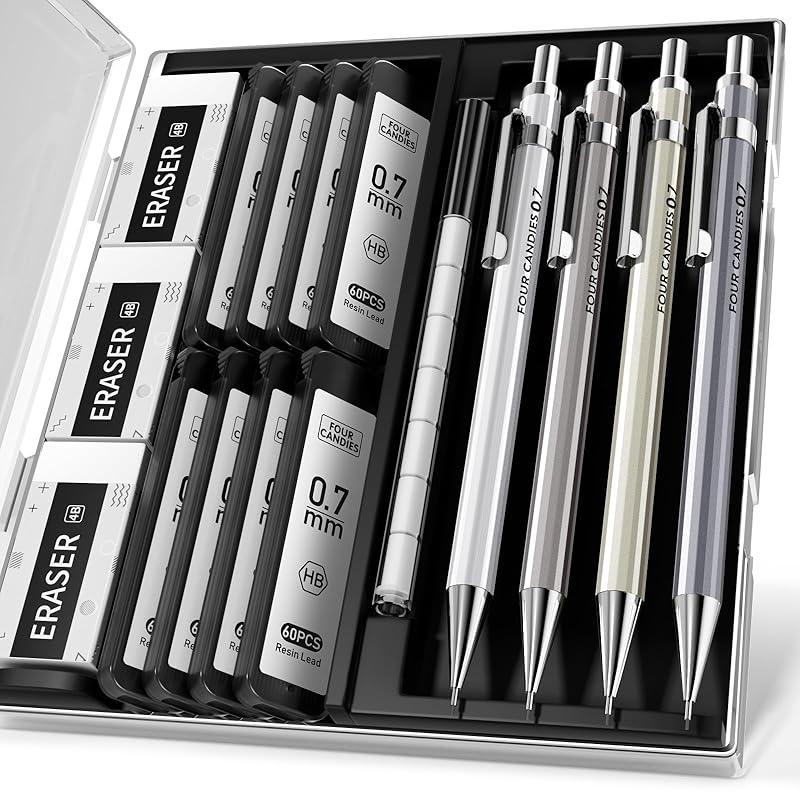 Four Candies 0.7mm Metal mechanical pencil set (with case) - 4 pieces included HB core refill With eraser Writing/drafting lead
Four Candies 0.7mm Metal mechanical pencil set (with case) - 4 pieces included HB core refill With eraser Writing/drafting lead