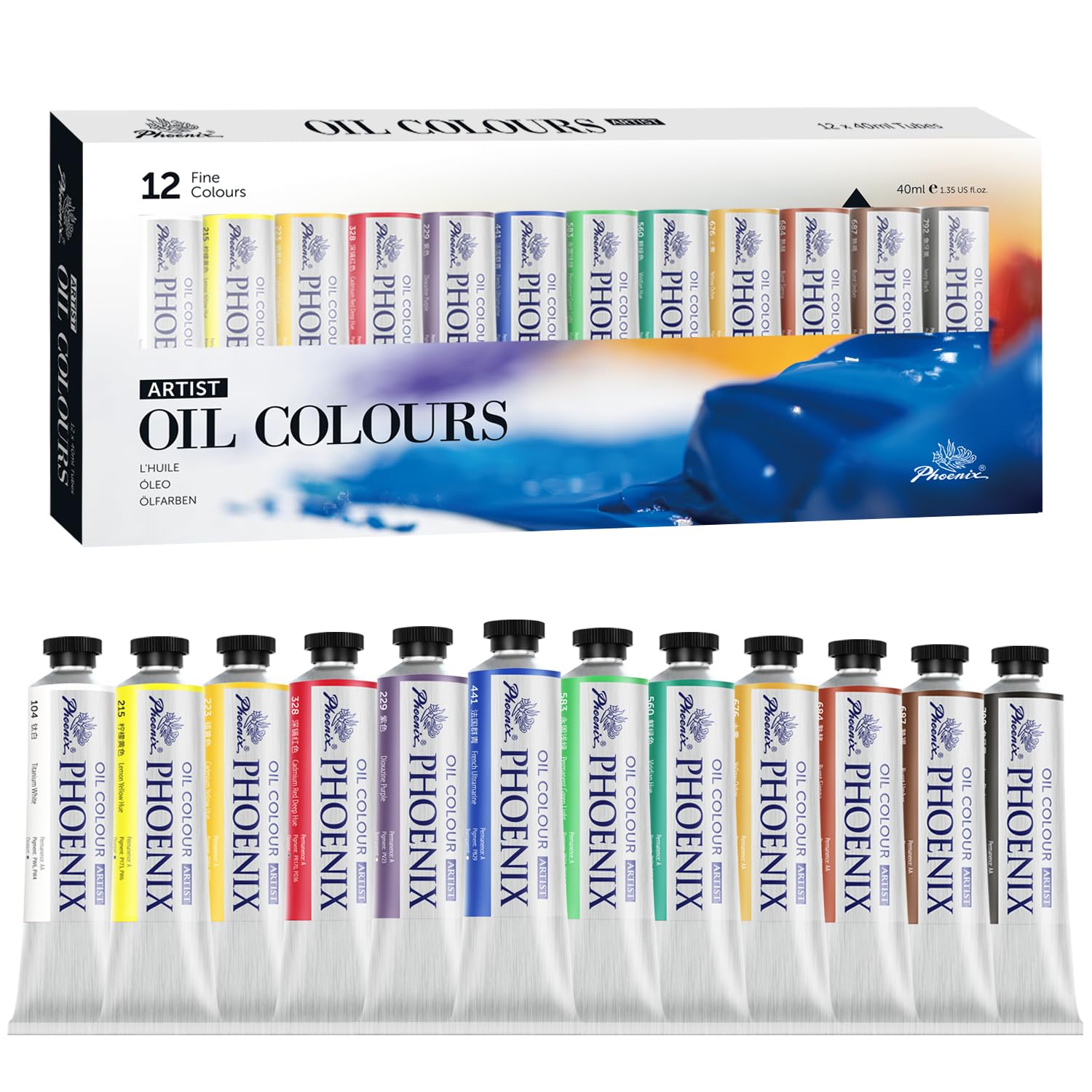 PHOENIX Artist Oil Paint Set - 12 Colors / 1.35 oz Large Tubes - Professional Artist Oil Colors
PHOENIX Artist Oil Paint Set - 12 Colors / 1.35 oz Large Tubes - Professional Artist Oil Colors