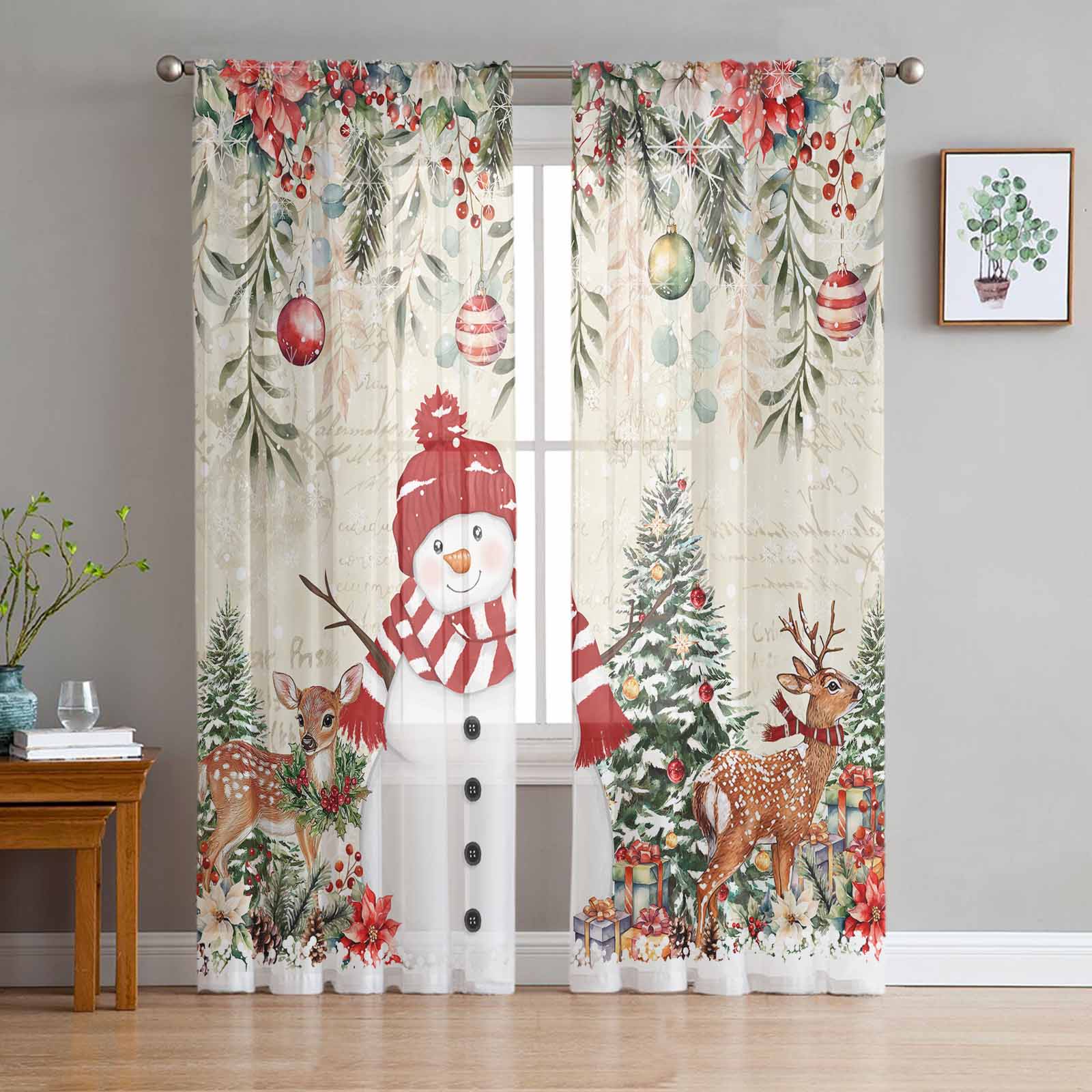 Christmas Ball Snowman Snowflake Deer Poinsettia Sheer Curtains Bedroom Decoration Window Curtains Kitchen Tulle Voile Curtains W135 x H115cm x1
Christmas Ball Snowman Snowflake Deer Poinsettia Sheer Curtains Bedroom Decoration Window Curtains Kitchen Tulle Voile Curtains W135 x H115cm x1