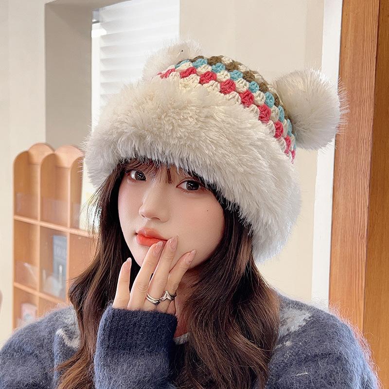 Милая плюшевая шапка с медвежьими ушками для женщин на осень и зиму, шерстяная шапка, утолщенная, теплая, защита от холода, универсальная вязаная шапка M(56-58cm)