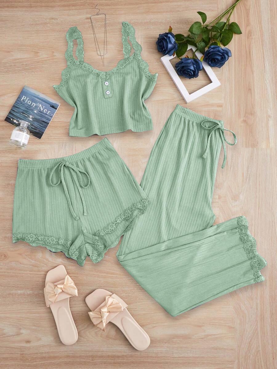 High Elasticity Lace Trim Camisole, Shorts, and Long Pants Three-piece Set for Women Large
High Elasticity Lace Trim Camisole, Shorts, and Long Pants Three-piece Set for Women Large