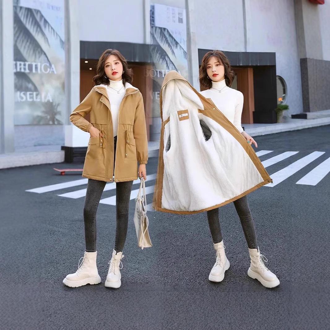 Тренч миди с капюшоном большого размера 2024 года с подкладкой из овечьей шерсти и молнией XL хаки