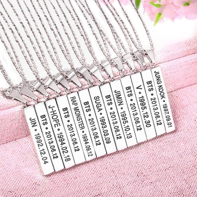8pcs BTS Personalized Bar Necklace, Engraved with Member Name & Birthday/Debut Date, Pendant for ARMY Fans, Kpop Idol Jewelry Gift 8pcs
8pcs BTS Personalized Bar Necklace, Engraved with Member Name & Birthday/Debut Date, Pendant for ARMY Fans, Kpop Idol Jewelry Gift 8pcs