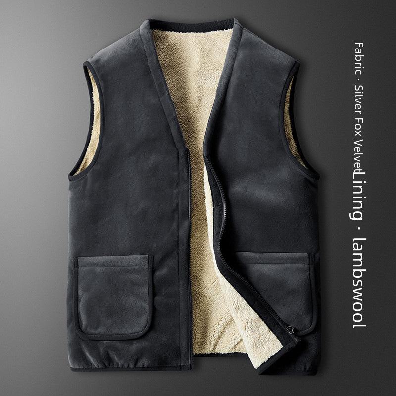 Мужской зимний бархатный жилет - плотная овчина и флис из чернобурки, облегающий крой, идеально подходит для пап среднего возраста 4XL серый 
Мужской зимний бархатный жилет - плотная овчина и флис из чернобурки, облегающий крой, идеально подходит для пап среднего возраста 4XL серый