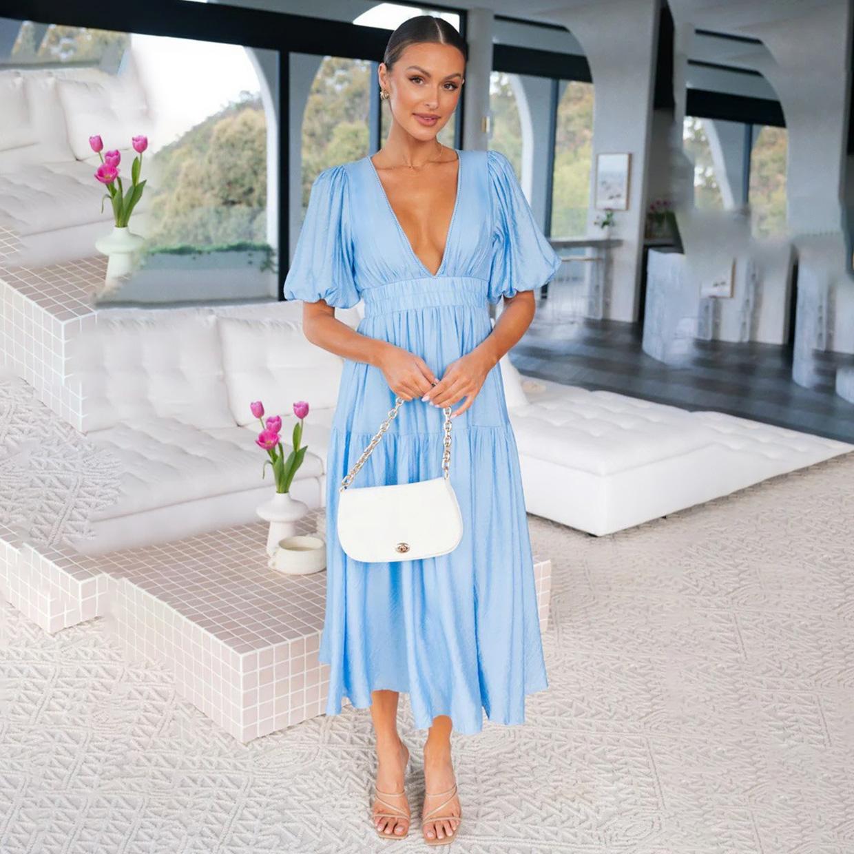 Женское весеннее однотонное платье с короткими рукавами-фонариками, летнее повседневное платье с V-образным вырезом и высокой талией длиной до щиколотки, размер S-XL XL светло-синий
Женское весеннее однотонное платье с короткими рукавами-фонариками, летнее повседневное платье с V-образным вырезом и высокой талией длиной до щиколотки, размер S-XL XL светло-синий