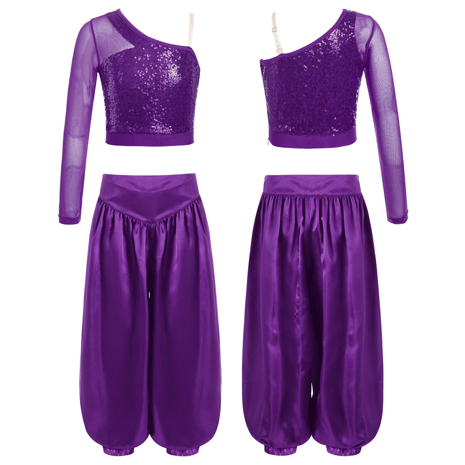 Kids Girls Belly Dance Performance Set: Sheer Mesh Long Sleeve One Shoulder Sequins Crop Top & Wide-Leg Satin Bloomers with Side Zipper 5-6 Years
Kids Girls Belly Dance Performance Set: Sheer Mesh Long Sleeve One Shoulder Sequins Crop Top & Wide-Leg Satin Bloomers with Side Zipper 5-6 Years