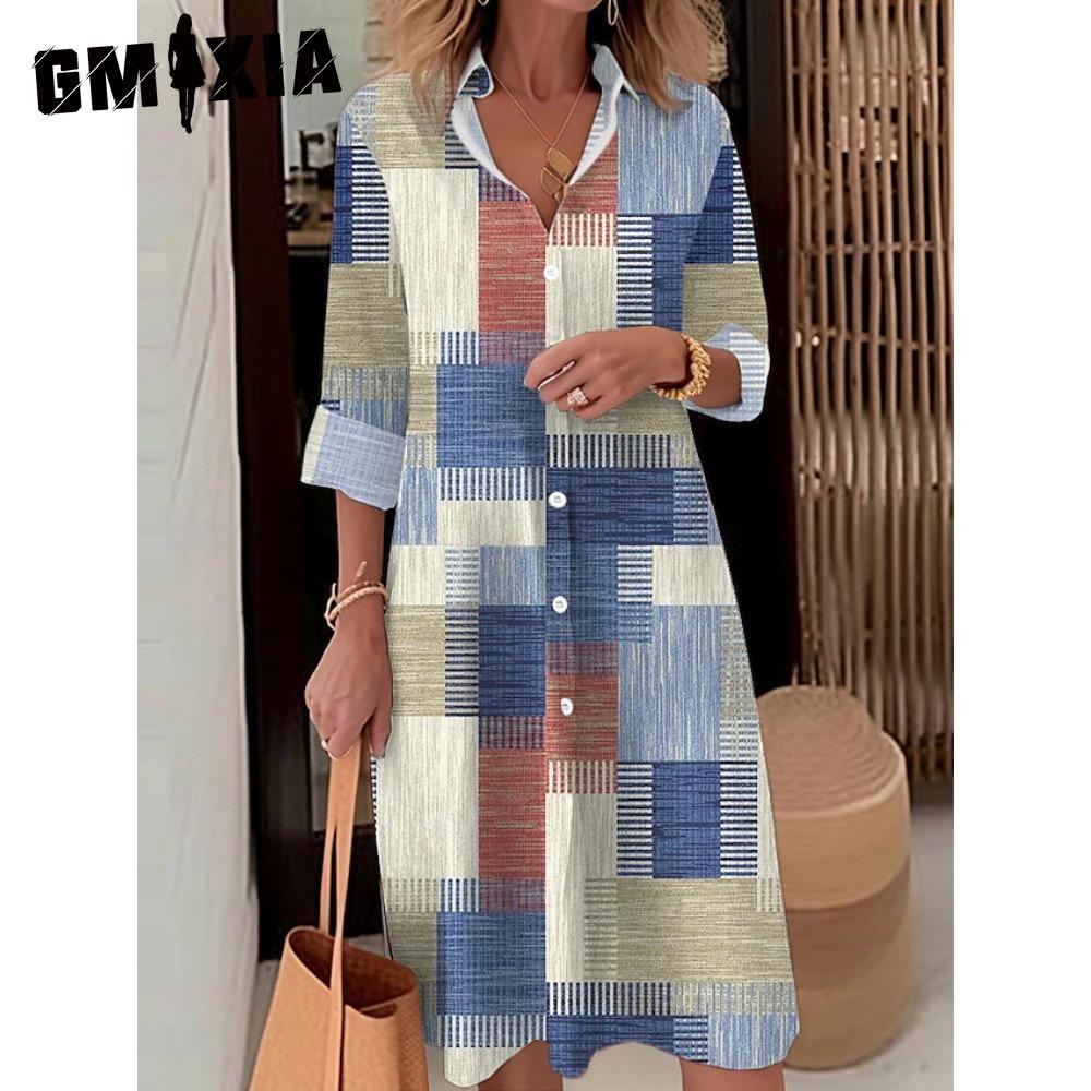 GMXIA Женская Мода Весна Осень Цветной Блок Принт Длинный Рукав Воротник Поло Свободная Талия Повседневные Платья XXXXL