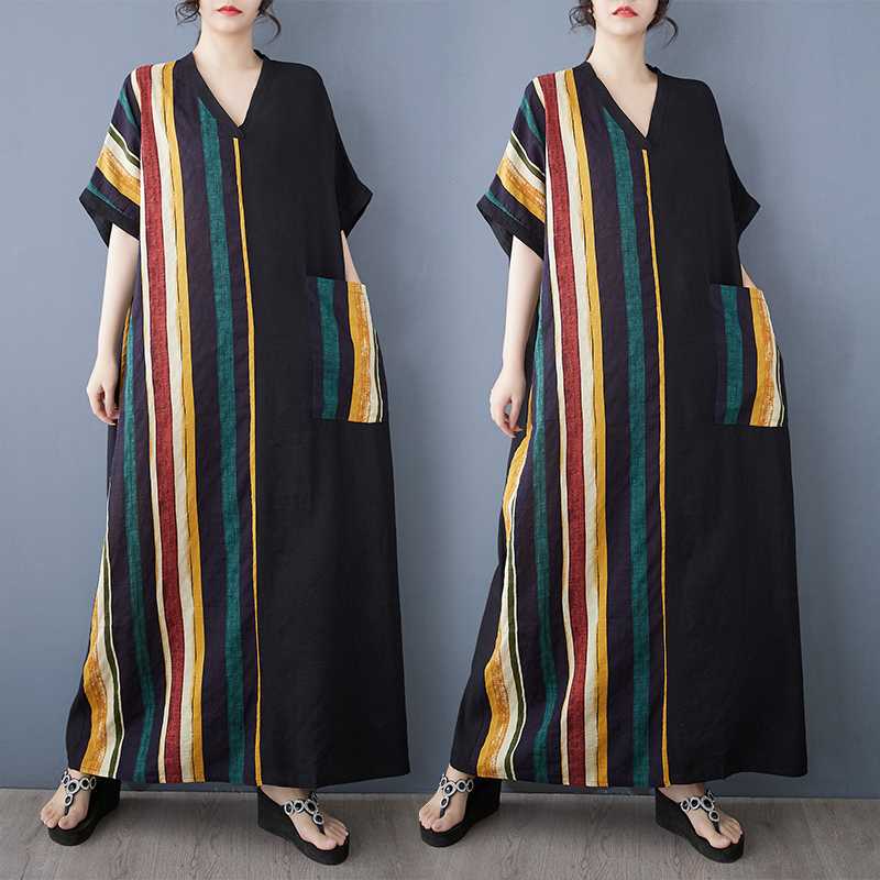 Summer Thin Cotton V-neck Short Sleeved Contrasting Splicing Long Dress for Women One size
Summer Thin Cotton V-neck Short Sleeved Contrasting Splicing Long Dress for Women One size