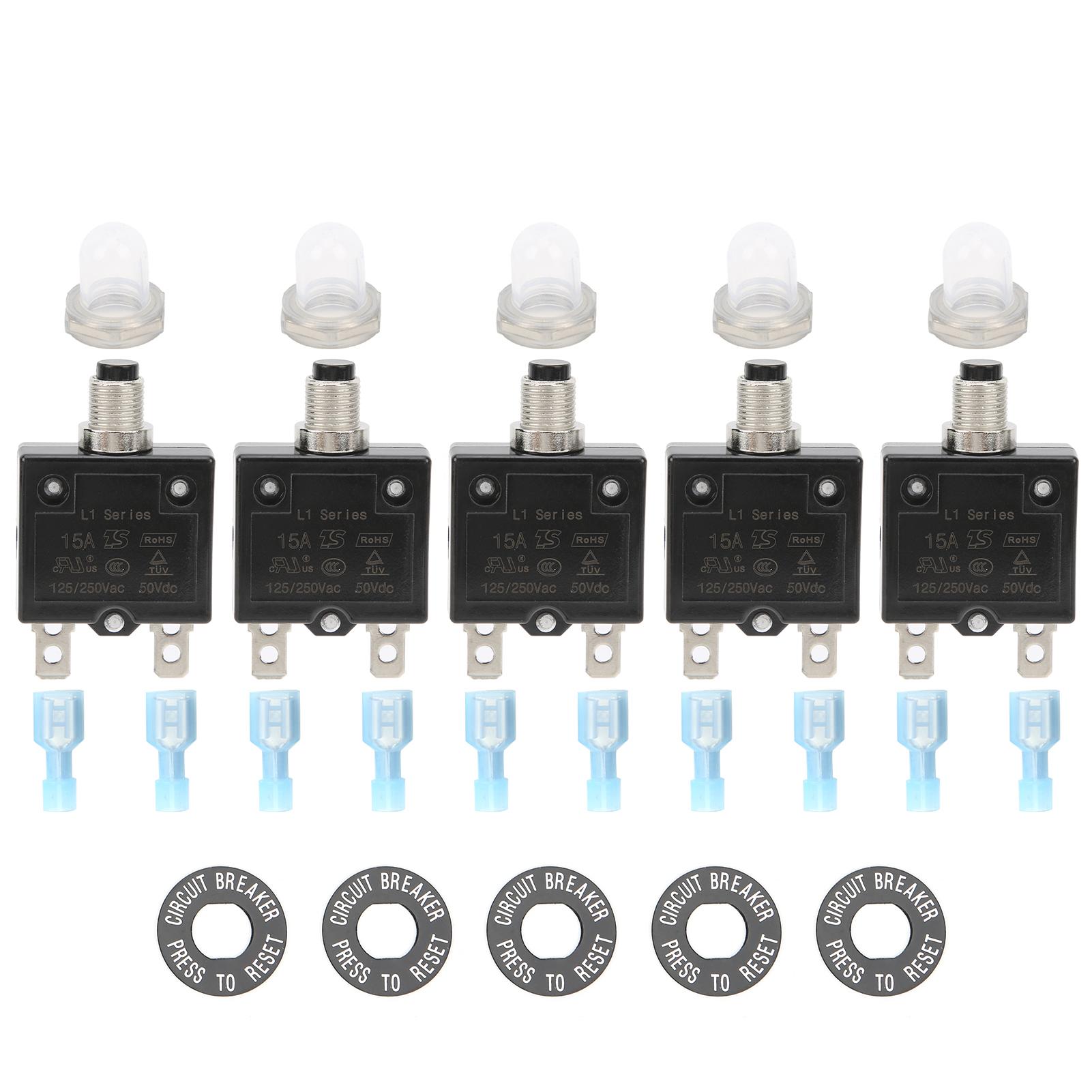 22PCS 15Amp Thermal Circuit Breaker 125250VAC 50VDC with Quick Connect Terminal Waterproof Button
22PCS 15Amp Thermal Circuit Breaker 125250VAC 50VDC with Quick Connect Terminal Waterproof Button