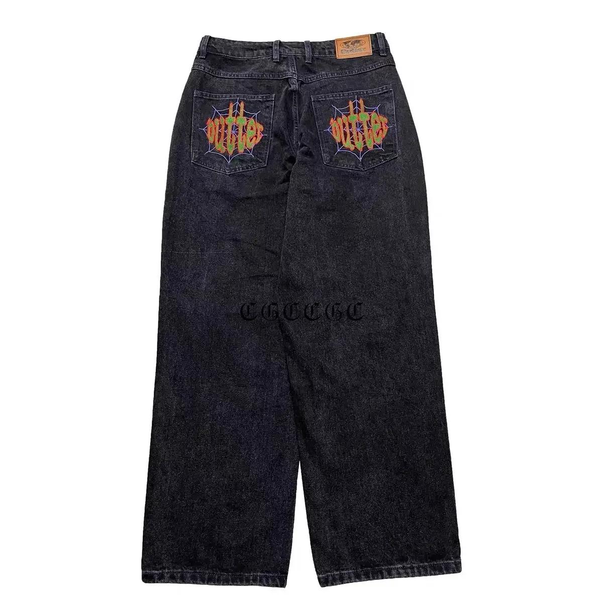 ZYLLO Ретро Уличные Выстиранные Джинсы с Вышивкой Брюки с Широкими Штанинами Уличная Одежда Мужчины и Женщины Один Стиль Хип-Хоп Тяжелые Брюки 36