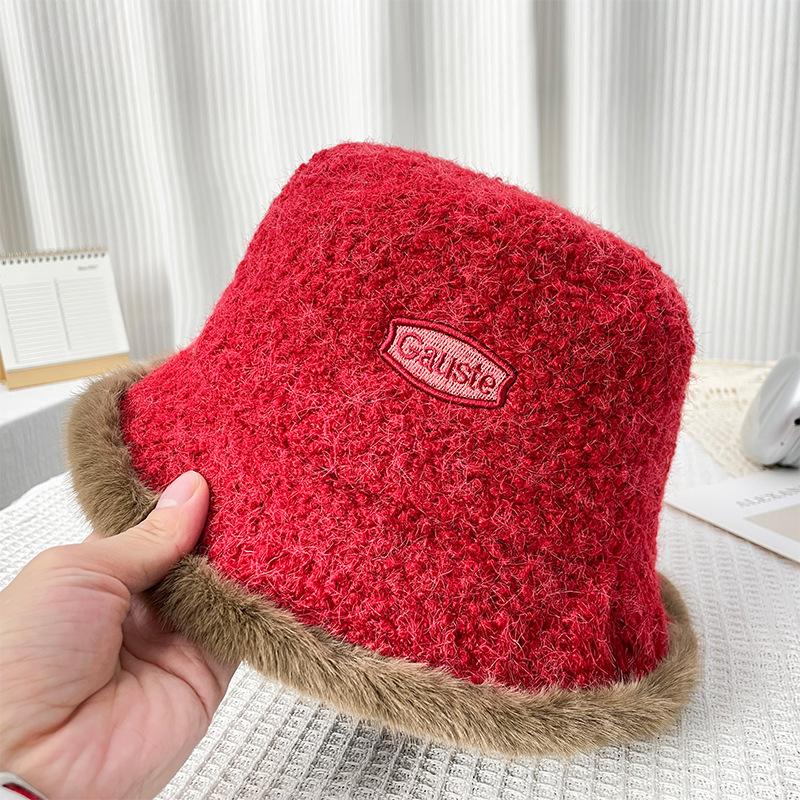 Вышитая панама с буквами женская осенне-зимняя утолщенная теплая шляпа-ведро, подчеркивающая лицо, маленькая шапка из овечьей шерсти от холода 56-60CM