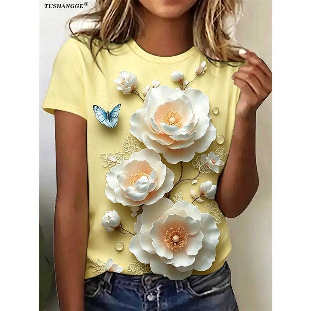 Ladies camellia printed short sleeved T-shirt, loose and casual 5XL
Ladies camellia printed short sleeved T-shirt, loose and casual 5XL