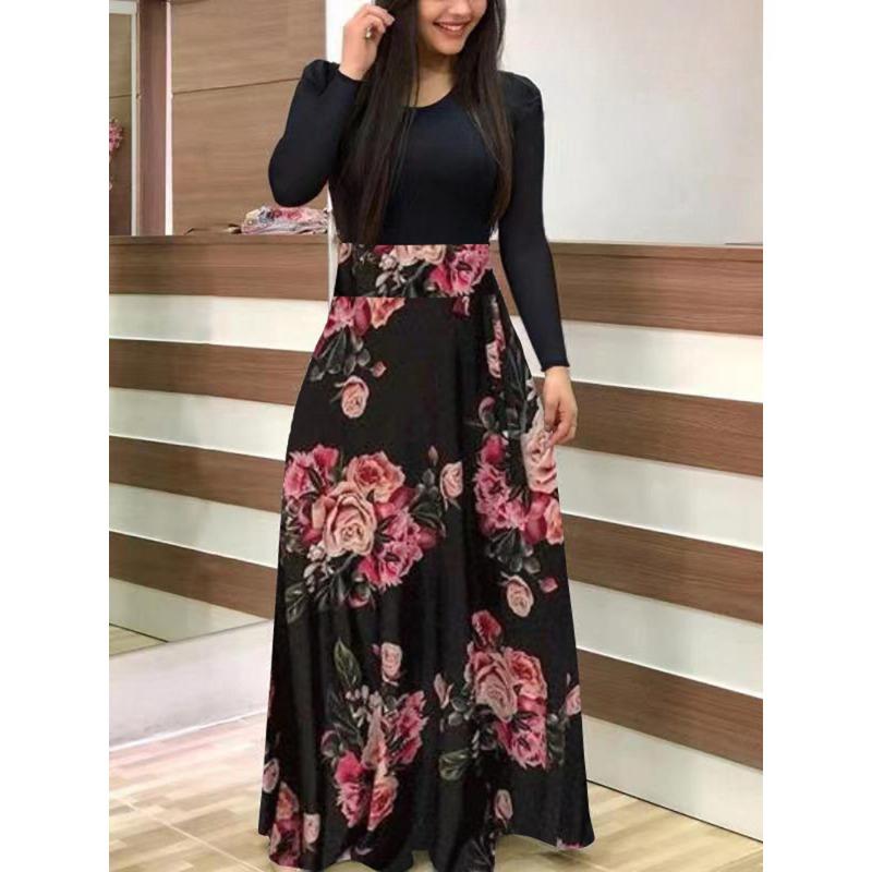 YYFS Женская мода весна осень цветочный узор принт длинный рукав О-образный вырез высокая талия повседневные платья XXXXXL