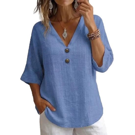 Women Tops Loose Fit V Neck 3/4 Sleeves Pullover Tops Button Decor Pure Color Summer Casual T-shirt Daily Wear M синий
Women Tops Loose Fit V Neck 3/4 Sleeves Pullover Tops Button Decor Pure Color Summer Casual T-shirt Daily Wear M синий