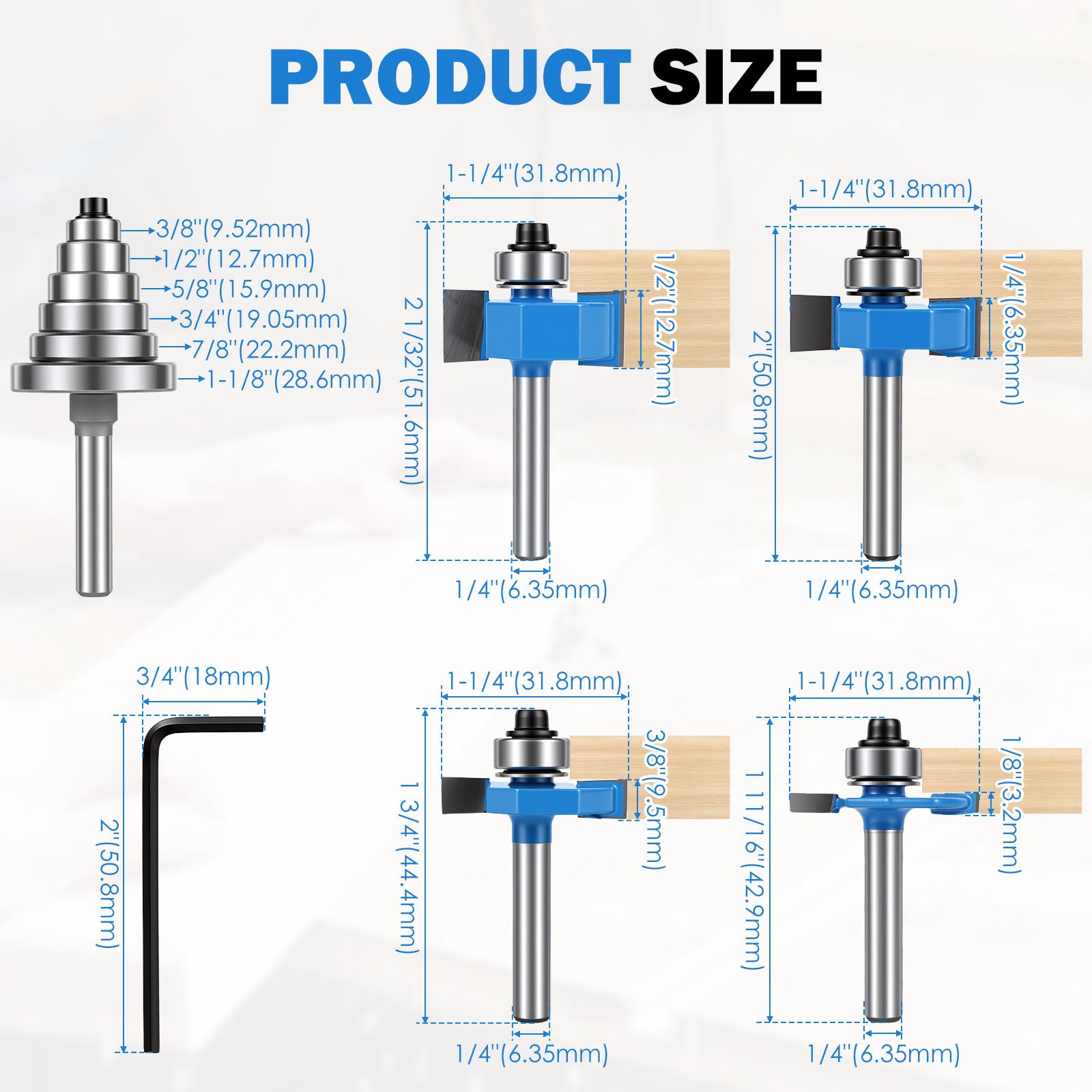 4Pcs Rabbet Router Bit 1/4 Shank with 6 Bearings Set 1/8inch 1/4inch 3/8inch 1/2inch Interchangeable Bearings for Woodworking 5pcs set
4Pcs Rabbet Router Bit 1/4 Shank with 6 Bearings Set 1/8inch 1/4inch 3/8inch 1/2inch Interchangeable Bearings for Woodworking 5pcs set