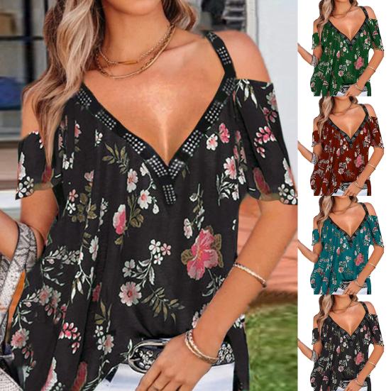 Женская футболка с v-образным вырезом и открытыми плечами, с коротким рукавом и цветочным принтом, уличная одежда 3XL чёрный 
Женская футболка с v-образным вырезом и открытыми плечами, с коротким рукавом и цветочным принтом, уличная одежда 3XL чёрный