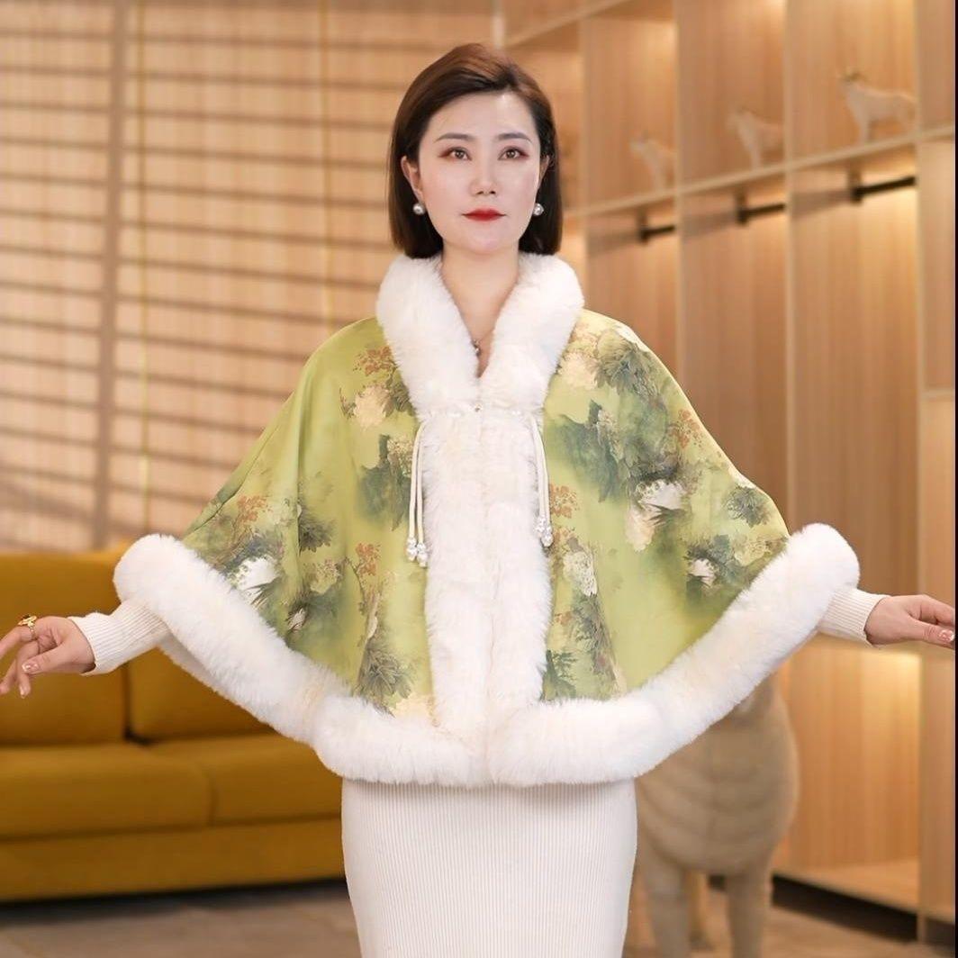 Маленькая накидка-шаль, жакет, женское короткое, напечатанное бархатное, утолщенное, воротник из меха кролика Рекс, без рукавов, свадебное платье-чонсам 120CM