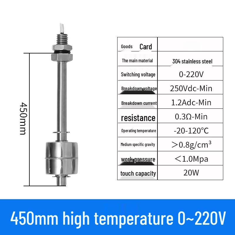 Jundingying 450mm High-Temperature 304 Stainless Steel Float Level Sensor
Jundingying 450mm High-Temperature 304 Stainless Steel Float Level Sensor