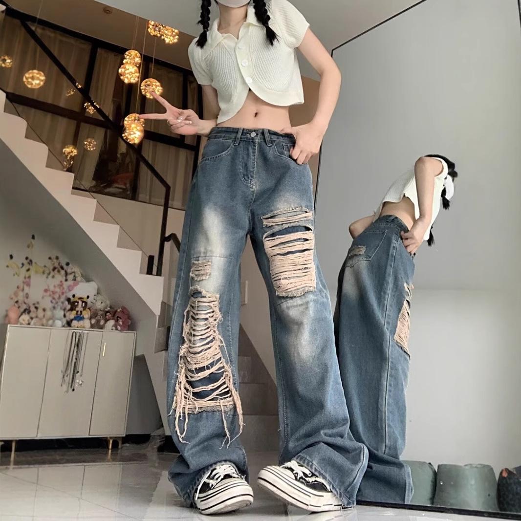 High Street Distressed Wide-Leg Ripped Jeans - Women s Autumn High-Waist Floor-Length Small
High Street Distressed Wide-Leg Ripped Jeans - Women s Autumn High-Waist Floor-Length Small