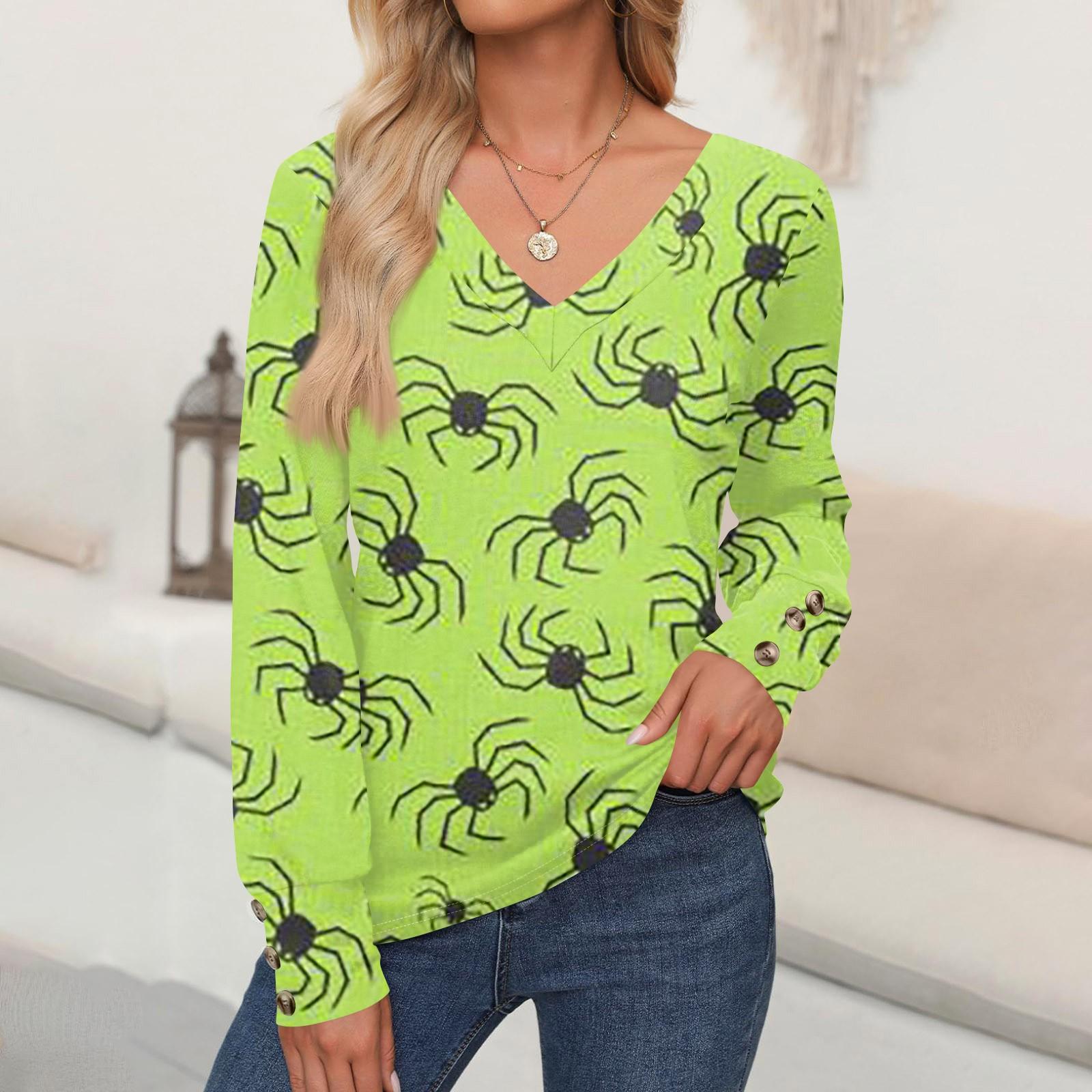 Женские топы с принтом на Хэллоуин, рубашка с длинным рукавом, V-образный вырез, повседневная свободная футболка, осенняя одежда XL
Женские топы с принтом на Хэллоуин, рубашка с длинным рукавом, V-образный вырез, повседневная свободная футболка, осенняя одежда XL