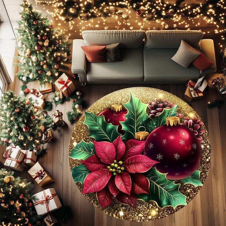 Gold Glitter Christmas Round Rug with Poinsettia Holly, Non-Slip Festive Mat for Living Room, Xmas Decor Holiday Home Decoration Diameter 100cm
Gold Glitter Christmas Round Rug with Poinsettia Holly, Non-Slip Festive Mat for Living Room, Xmas Decor Holiday Home Decoration Diameter 100cm