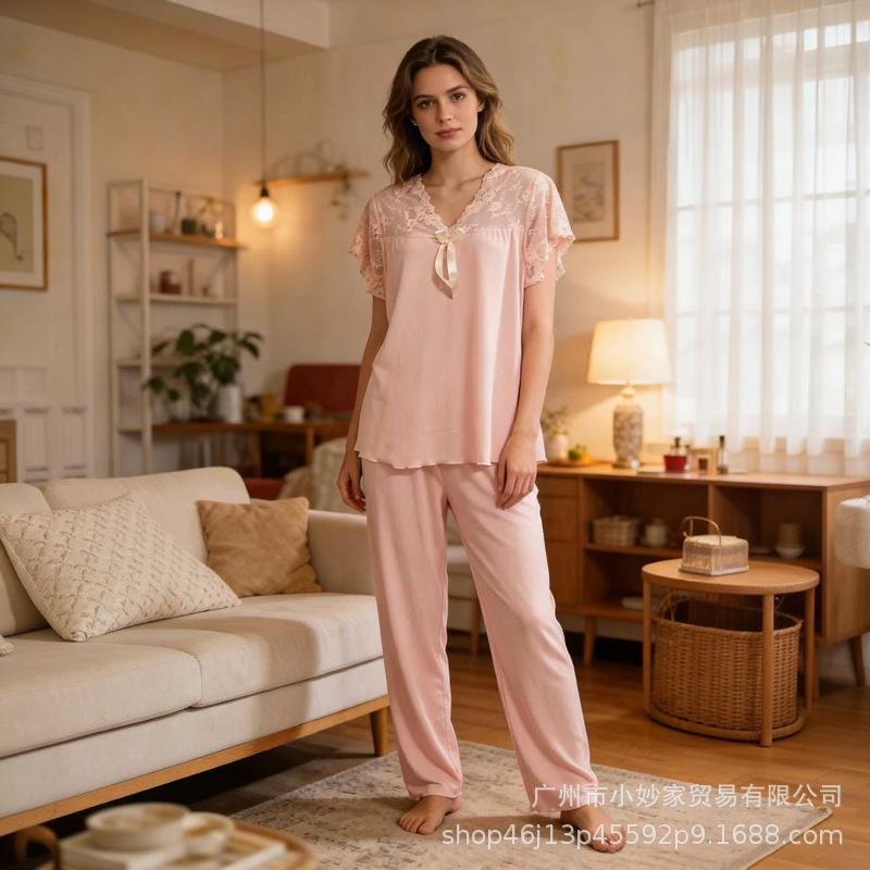 Pajamas Lace Short Sleeve Trousers Set Threaded Solid Color Casual Sweet Loungewear One size fits all рожевий
Pajamas Lace Short Sleeve Trousers Set Threaded Solid Color Casual Sweet Loungewear One size fits all рожевий