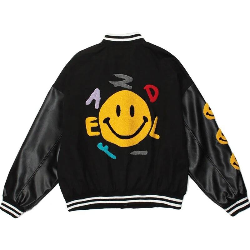 Men Smiley Jackets American Retro PU Leather Stitching Racing Jacket Couple Woman Windproof Baseball Jacket Fall Black Outwear
Men Smiley Jackets American Retro PU Leather Stitching Racing Jacket Couple Woman Windproof Baseball Jacket Fall Black Outwear