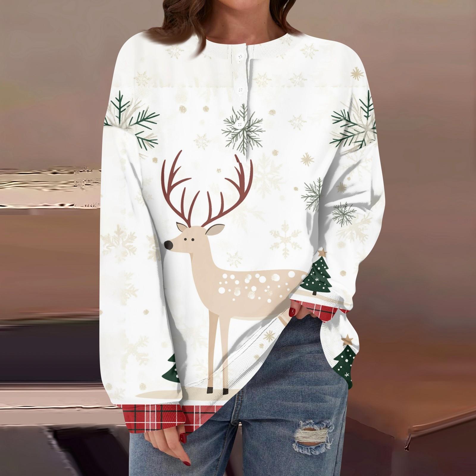 Женская повседневная мода, удобная рождественская футболка с длинным рукавом, круглым вырезом, пуговицами, свободным подолом и боковыми разрезами XXXL белый
