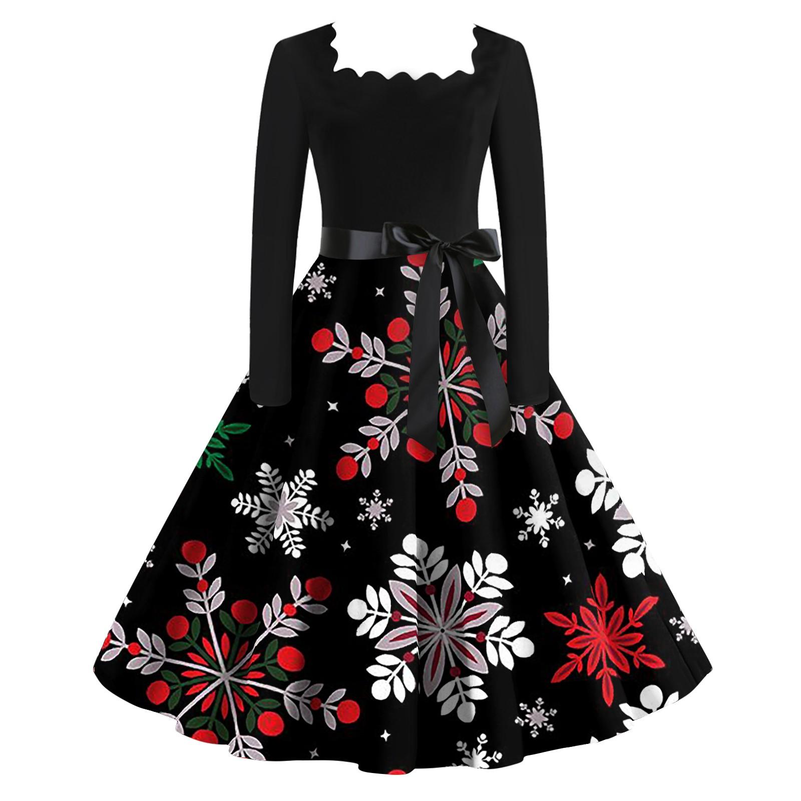 Женские рождественские повседневные модные винтажные платья с квадратным вырезом и длинными рукавами с принтом XXL чёрный