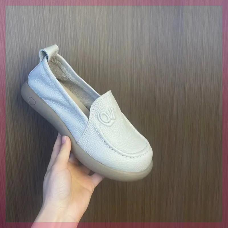 Женские туфли Xiaobai, одинарные туфли Doudou на плоской подошве, туфли для мамы, новая весна 2025, повседневные туфли, кожаные туфли, четыре сезона, мягкая подошва, на одном педале 40