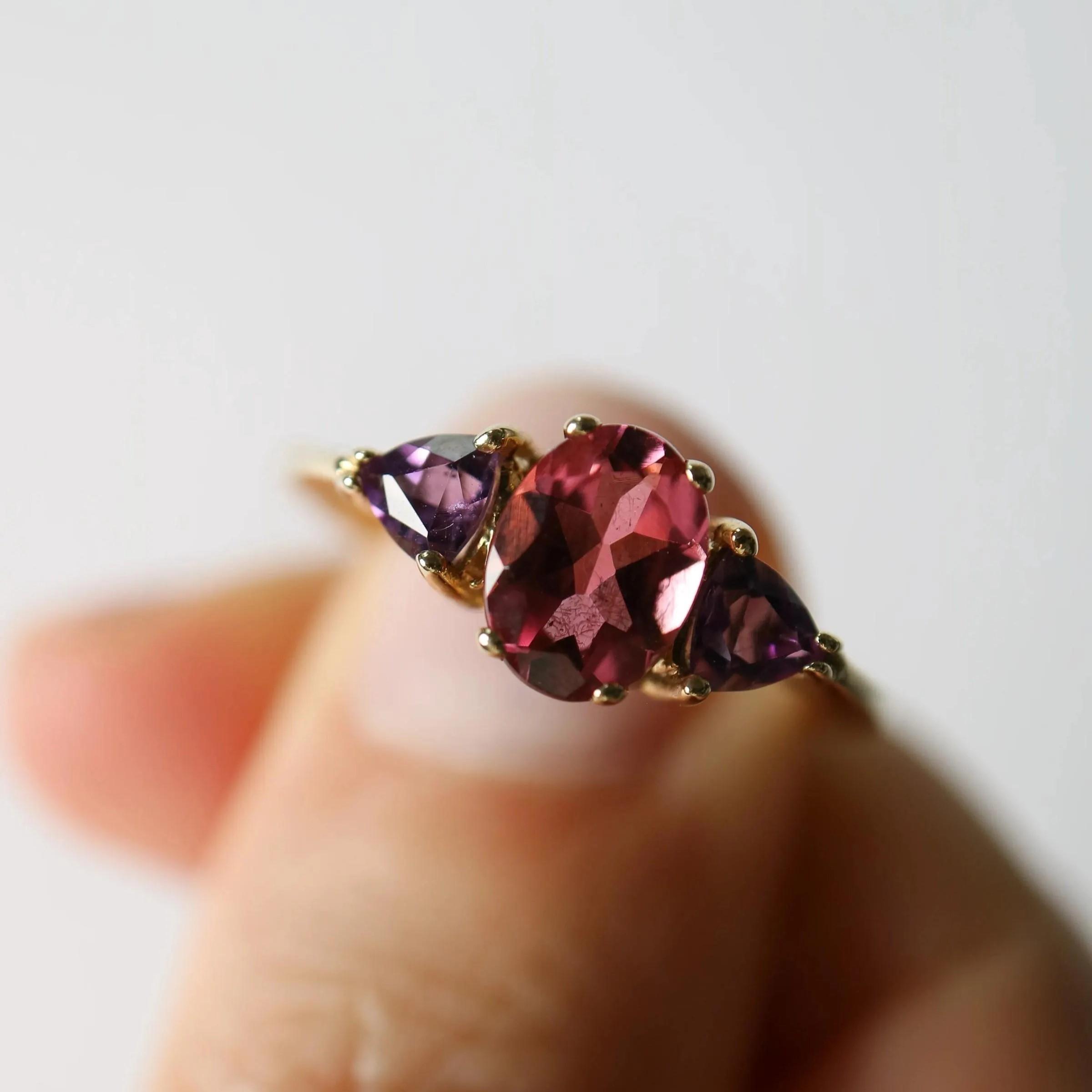 Овальное рубиновое помолвочное кольцо: Позолоченное свадебное кольцо из желтого золота с аметистовым акцентом: Украшения в стиле ар-деко для невесты, свадебный подарок для женщин Q розовый