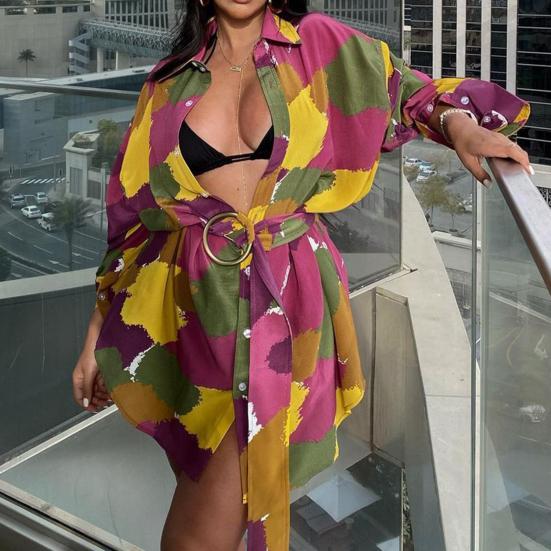 Women Shirt Long Sleeve Single-breasted Multicolored Printed Coat Mini Dress with Belt
Women Shirt Long Sleeve Single-breasted Multicolored Printed Coat Mini Dress with Belt
