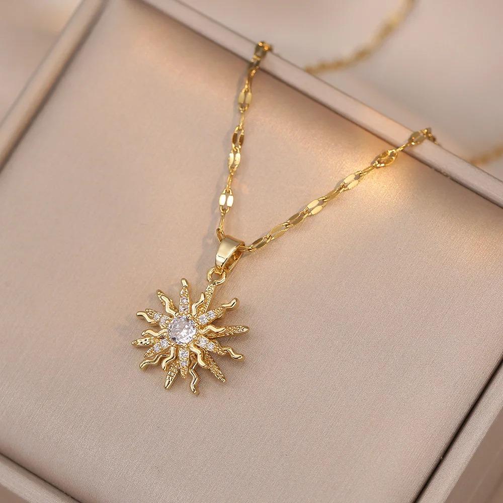 Rotating Flower Pendant Stainless Steel Chains Necklaces For Women Antique Gold Color White Zircon Sun Clavicle Necklace Jewelry
Rotating Flower Pendant Stainless Steel Chains Necklaces For Women Antique Gold Color White Zircon Sun Clavicle Necklace Jewelry