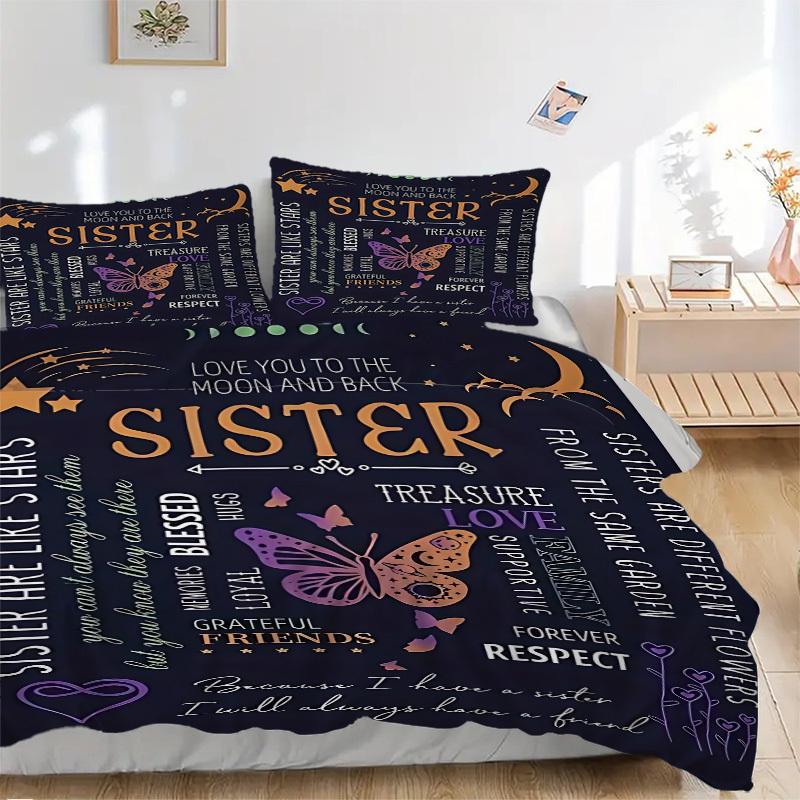 3pcs Sister Quotes Butterfly Design Duvet Cover Set, Cover For Bedroom Guest Room (1 Duvet Cover + 2 Pillowcase, Without Quilt), yy250922181 135x200cm
3pcs Sister Quotes Butterfly Design Duvet Cover Set, Cover For Bedroom Guest Room (1 Duvet Cover + 2 Pillowcase, Without Quilt), yy250922181 135x200cm