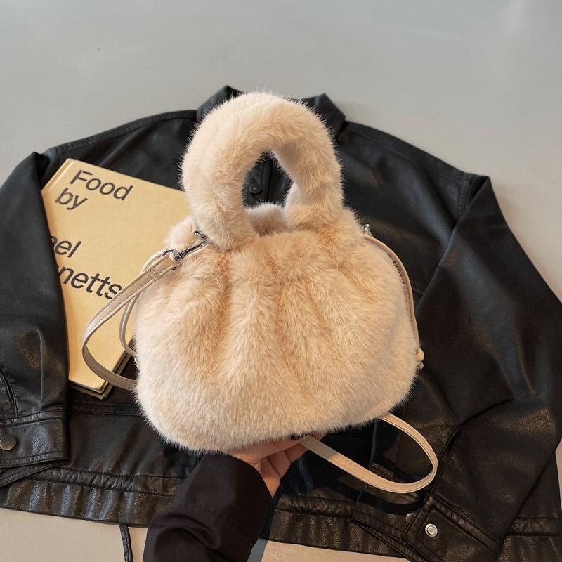 Однотонная маленькая женская сумка через плечо, плюшевая сумка-ведро бежевый