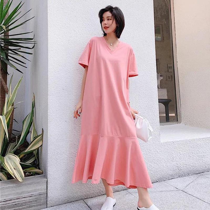Повседневные пляжные платья Женское вечернее летнее платье с v-образным вырезом с коротким рукавом Свободное длинное платье XXXXL розовый