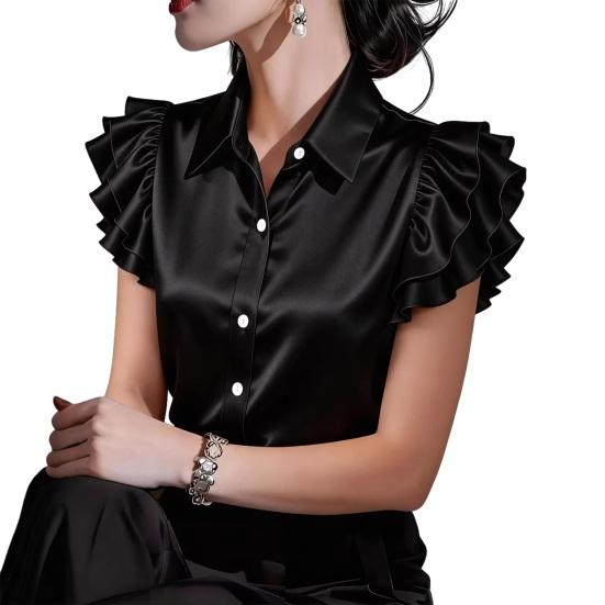 Women Shirt Lapel Ruffle Short Sleeve Single Breasted Shirt Tops Pure Color Smooth Satin Shirt Tops Daily Wear M чорний
Women Shirt Lapel Ruffle Short Sleeve Single Breasted Shirt Tops Pure Color Smooth Satin Shirt Tops Daily Wear M чорний