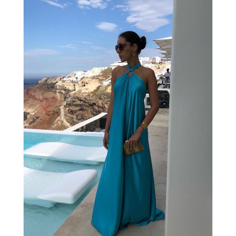 Женское летнее сексуальное темпераментное атласное платье-халат с открытыми плечами для вечеринок и путешествий S синий