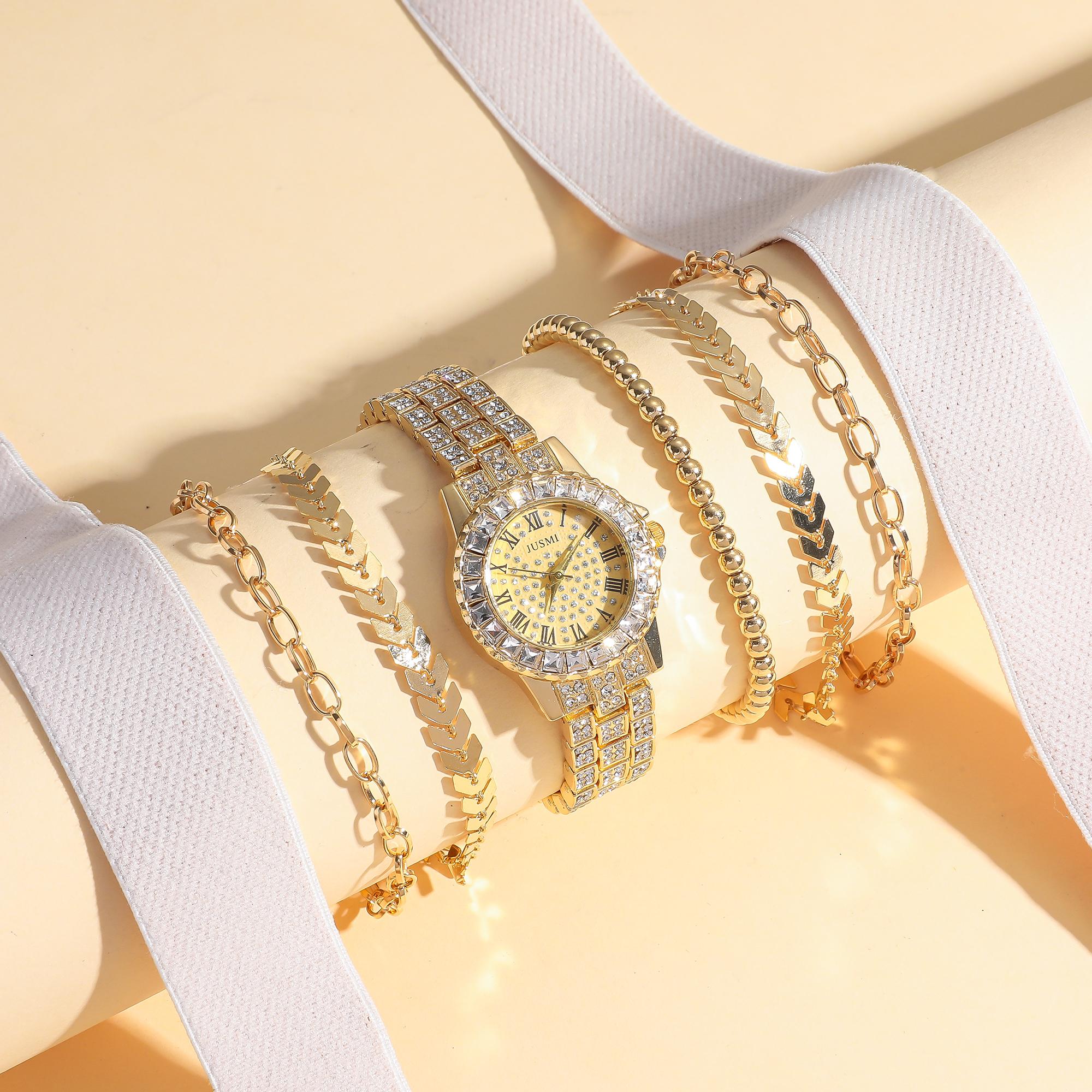 6шт / комплект; Роскошный набор браслета и часов с бриллиантами для женщин, Идеально для праздничного подарка, Без подарочной коробки золотой
6шт / комплект; Роскошный набор браслета и часов с бриллиантами для женщин, Идеально для праздничного подарка, Без подарочной коробки золотой