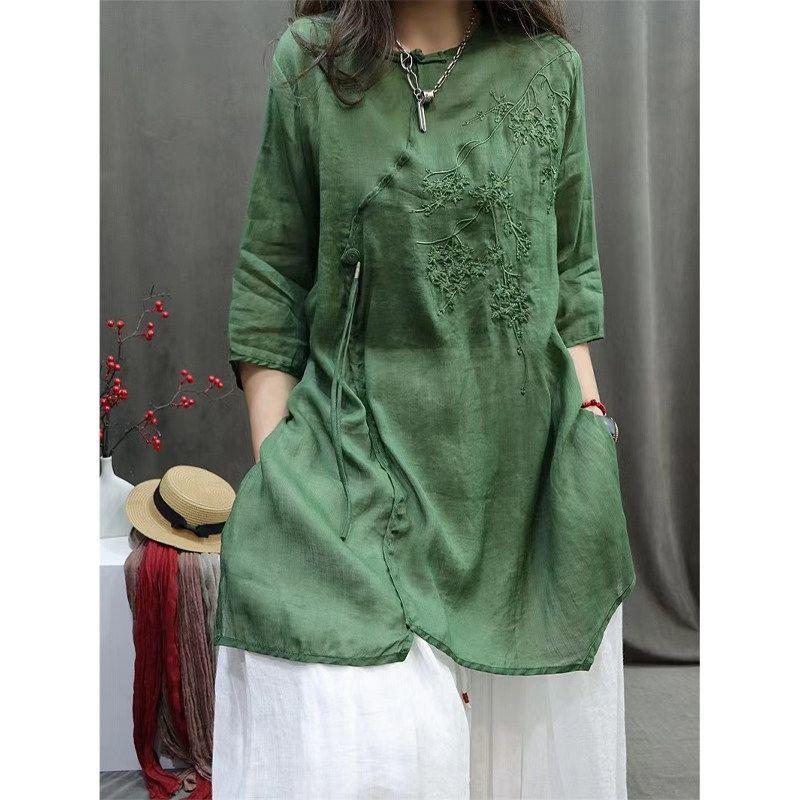 women s Floral Embroidered Cotton Linen Blouse New Chinese Style Loose Fit 3/4 Sleeve Mid Length Casual Shirt 4XL зелений
women s Floral Embroidered Cotton Linen Blouse New Chinese Style Loose Fit 3/4 Sleeve Mid Length Casual Shirt 4XL зелений