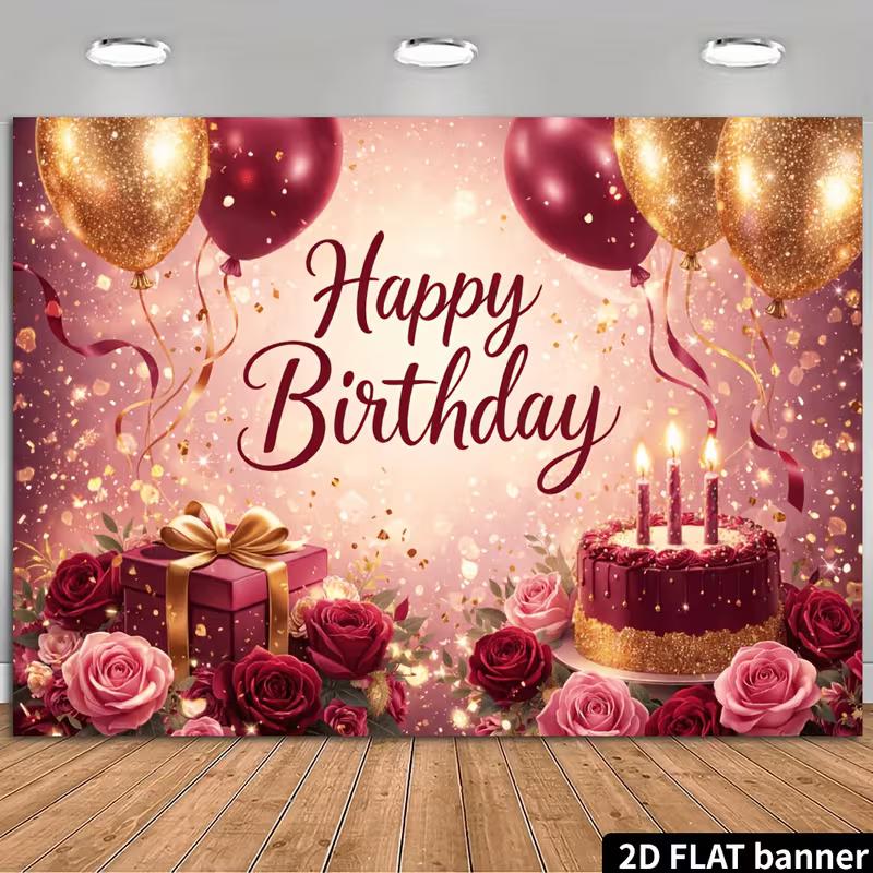 2D Flat Burgundy Gold Birthday Backdrop with Cake, Roses & Gifts for Aesthetic Party 47.2x31.5inch/120*80cm
2D Flat Burgundy Gold Birthday Backdrop with Cake, Roses & Gifts for Aesthetic Party 47.2x31.5inch/120*80cm