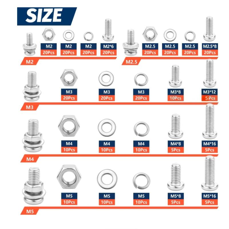 new 320Pcs Screws Nuts Washers Assortment Kit Rustproof Metric Hardware Set M2 M2.5 M3 M4 M5 For DIY Home Repair Industrial Use
new 320Pcs Screws Nuts Washers Assortment Kit Rustproof Metric Hardware Set M2 M2.5 M3 M4 M5 For DIY Home Repair Industrial Use