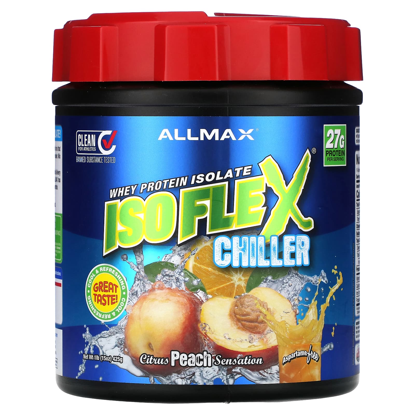 ALLMAX, Isoflex chiller, whey protein isolate, citrus peach sensation, 425g (1lb) 
ALLMAX, Isoflex chiller, whey protein isolate, citrus peach sensation, 425g (1lb)