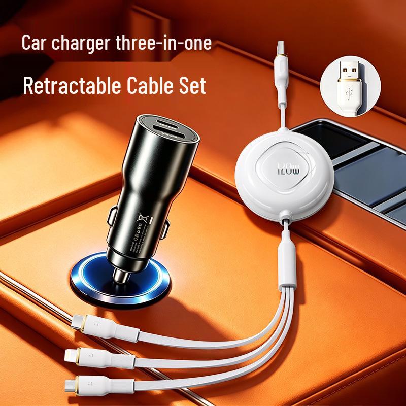120W Dual Port Fast Car Charger with Three-in-One Cable for Apple, Huawei, and Android Phones
120W Dual Port Fast Car Charger with Three-in-One Cable for Apple, Huawei, and Android Phones