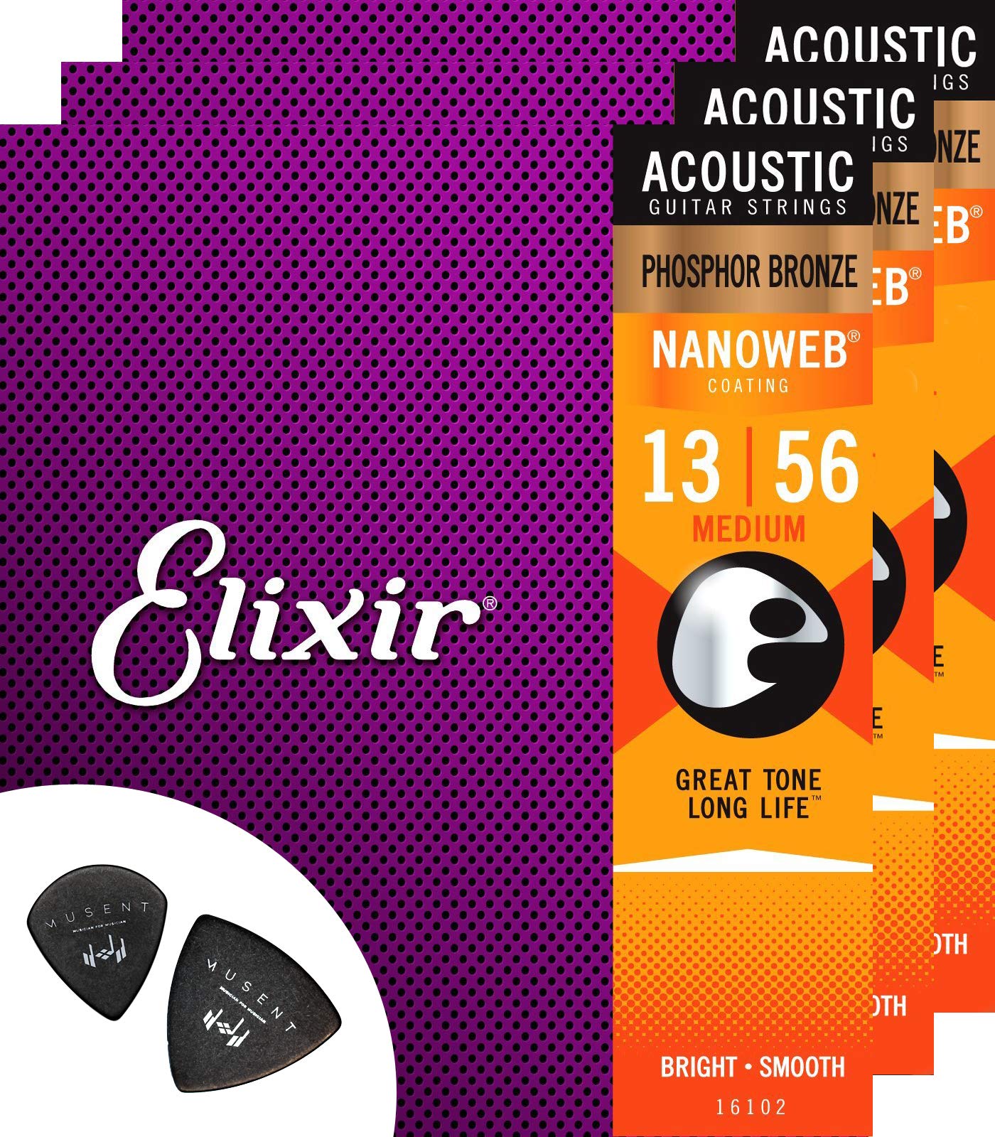 Струны для акустической гитары Elixir Phosphor Bronze, Medium, 3 комплекта, .013-.056, с покрытием Nanoweb, с двумя медиаторами Musent, пробный набор (16102-3P)
Струны для акустической гитары Elixir Phosphor Bronze, Medium, 3 комплекта, .013-.056, с покрытием Nanoweb, с двумя медиаторами Musent, пробный набор (16102-3P)