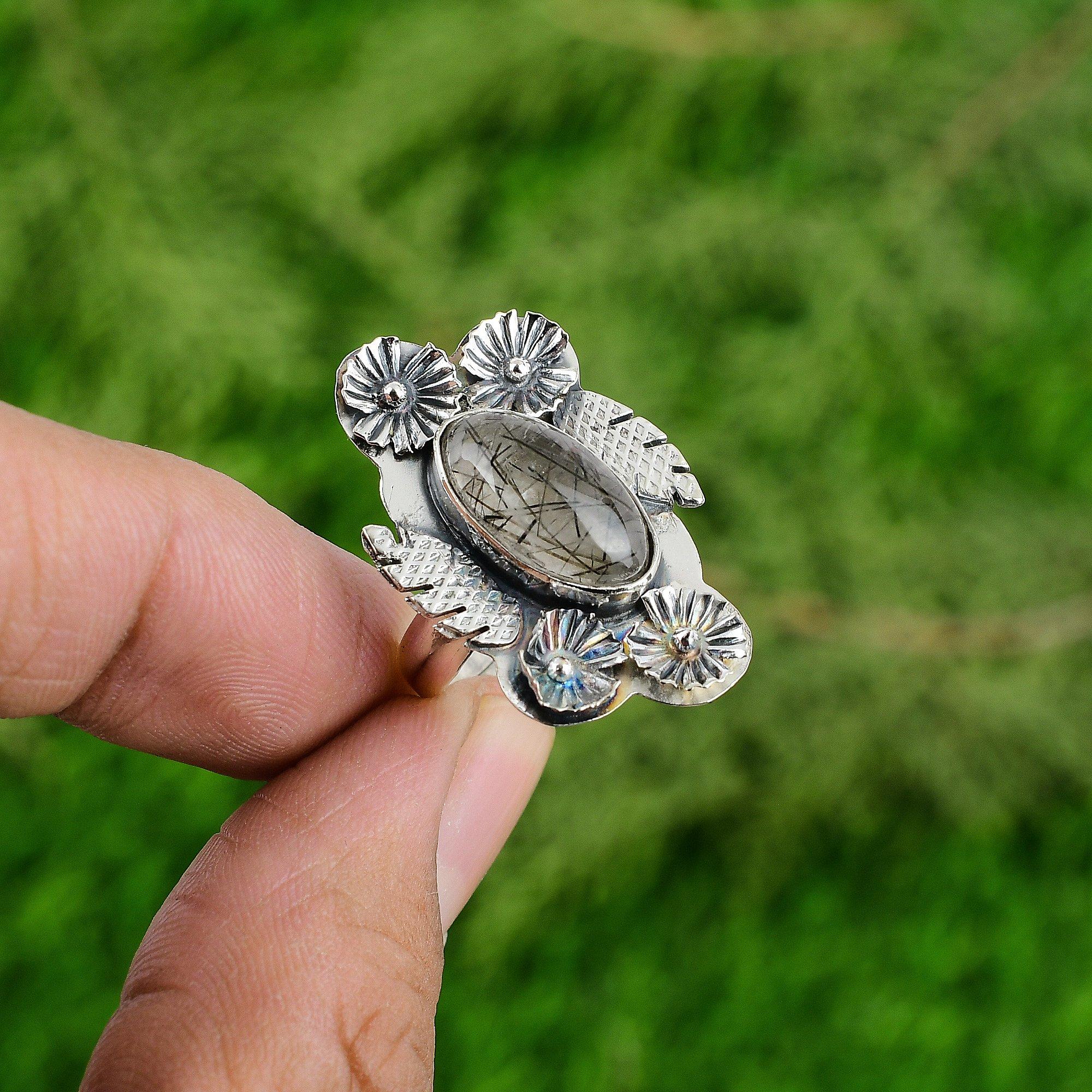 Natural Black Rutilated Quartz 925 Silver Flower Adjustable Ring For Women Adjustable
Natural Black Rutilated Quartz 925 Silver Flower Adjustable Ring For Women Adjustable