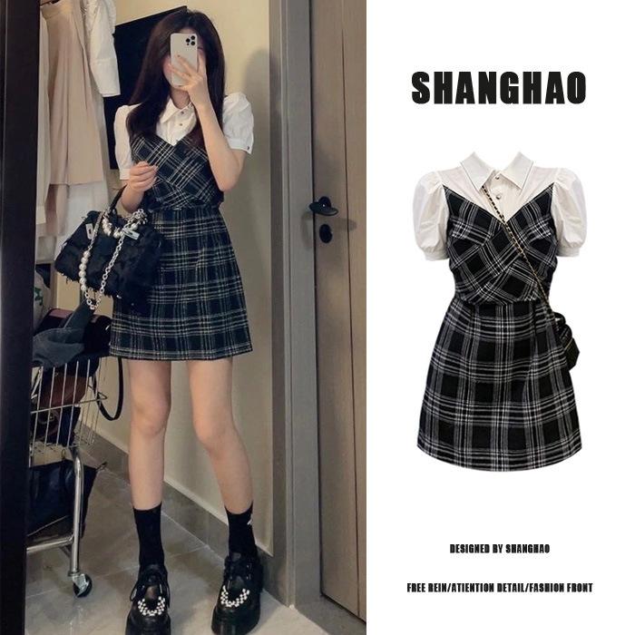 Sweet Spice Girl Fake Two-piece Shirt Splicing Skirt Summer College Style Plaid Design Sense Waist Bubble Sleeve A-Word Short Skirt S
Sweet Spice Girl Fake Two-piece Shirt Splicing Skirt Summer College Style Plaid Design Sense Waist Bubble Sleeve A-Word Short Skirt S