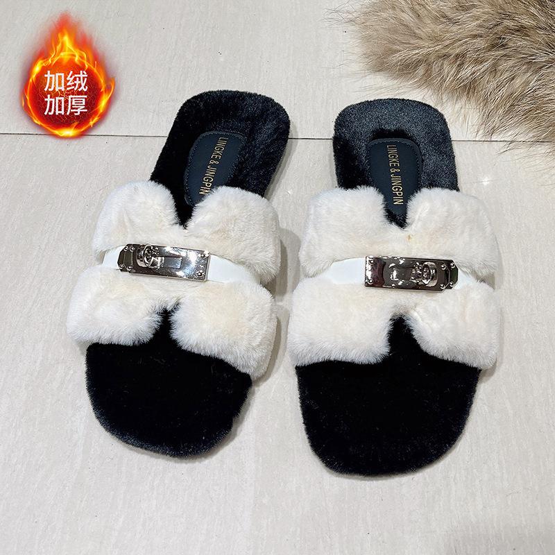 Популярные в интернете пушистые тапочки женские 2025 осень и зима новые толстая подошва шлепанцы на перемычке маленький ароматный тренд плюшевые тапочки 40